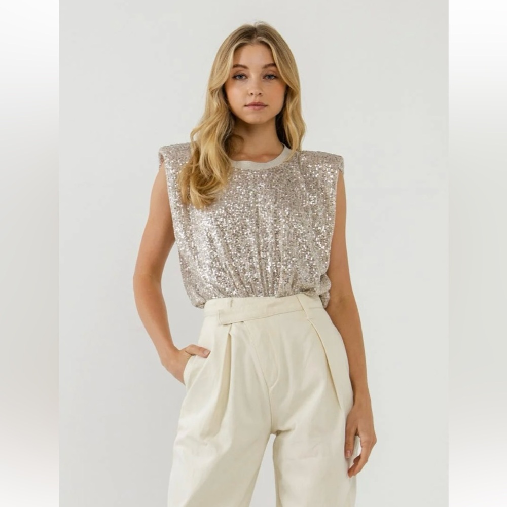 Endless Rose Anthropologie Gold Sequin Shoulder Pad Top Size Small